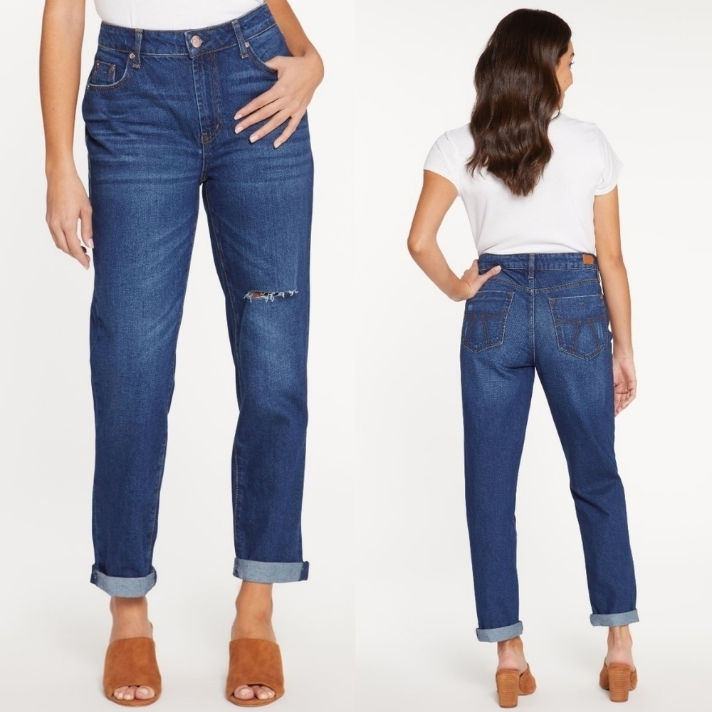 Seven Marilyn Boyfriend Jeans Mid Wash Distressed Raw Cut Cuffed Hem Loose Fit